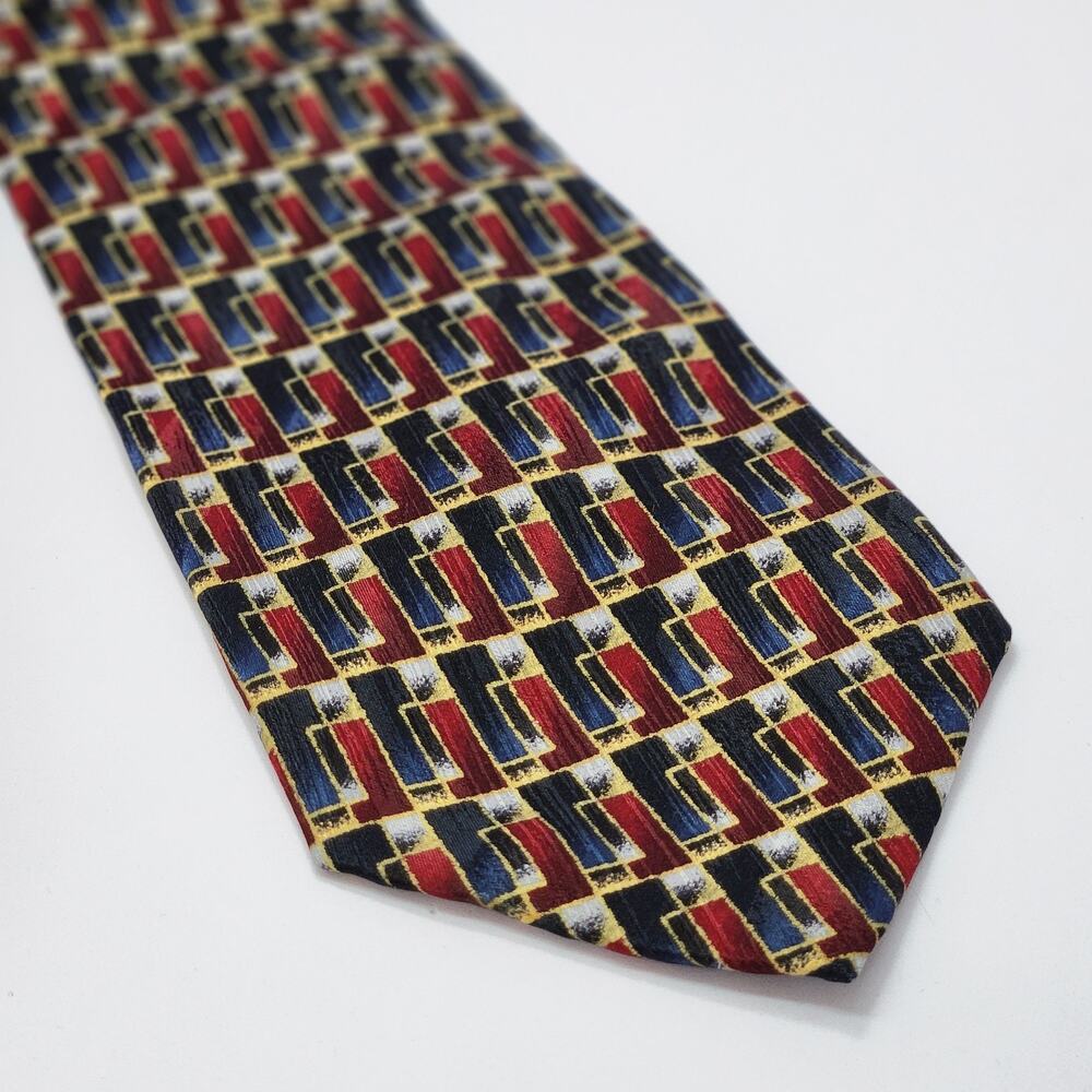 Oleg Cassini Silk Tie Retro Geometric Burgundy Navy Yellow Made in Korea 59"